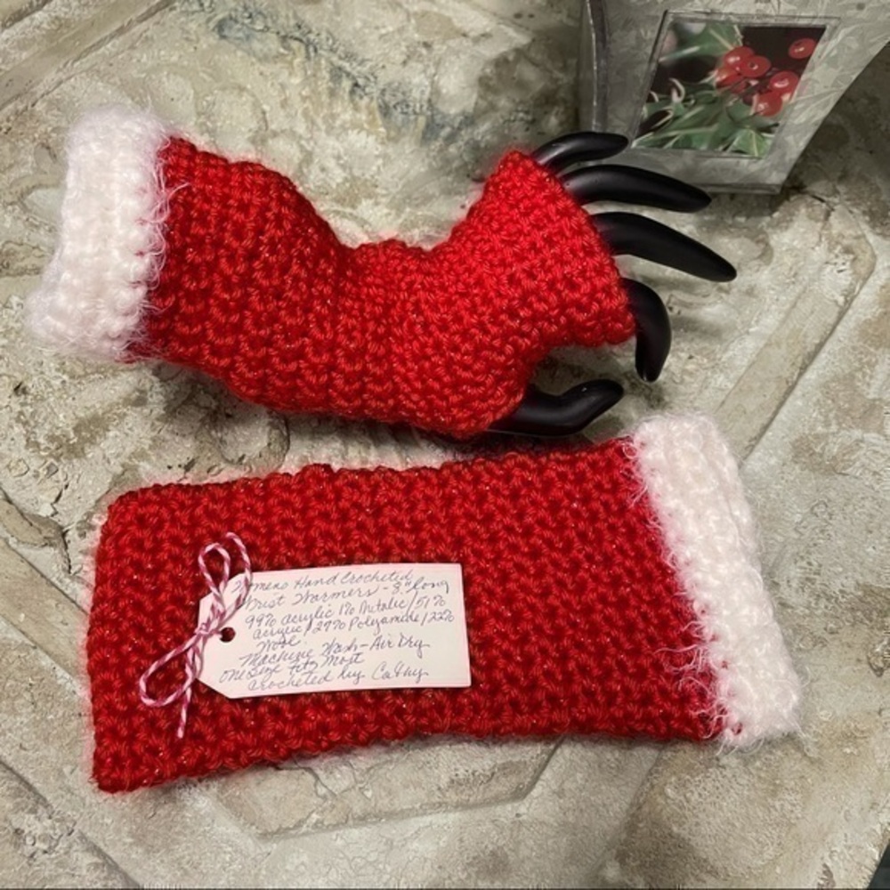 Handmade Extra Soft Red Glitter Fuzzy White Texting Fingerless Gloves